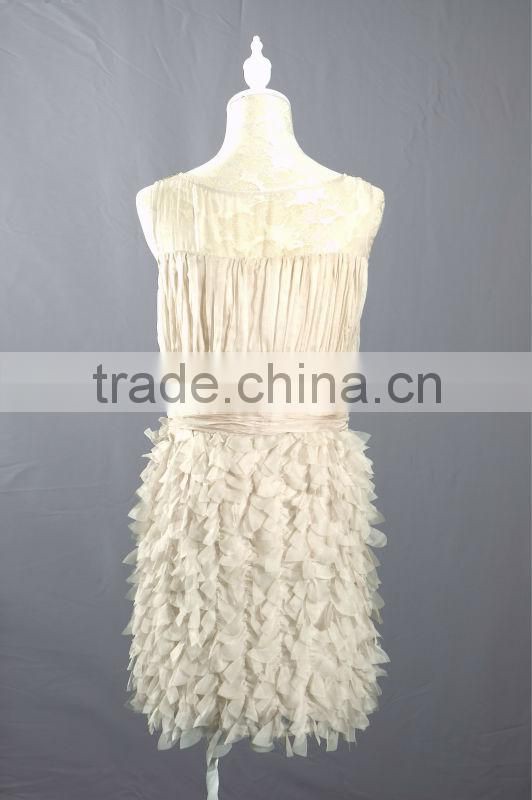 Short Cream Chiffon Dress with Beaded Illusion Neckline and Chiffon Patels on Skirt BM0001
