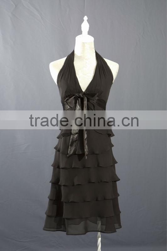 Halter Black Short Chiffon Tiered Dress with Bow on Waist BM0010