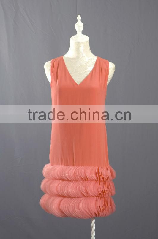 V Neck Organe Short Knitted Dress with Organza Patels on Hem BM0005