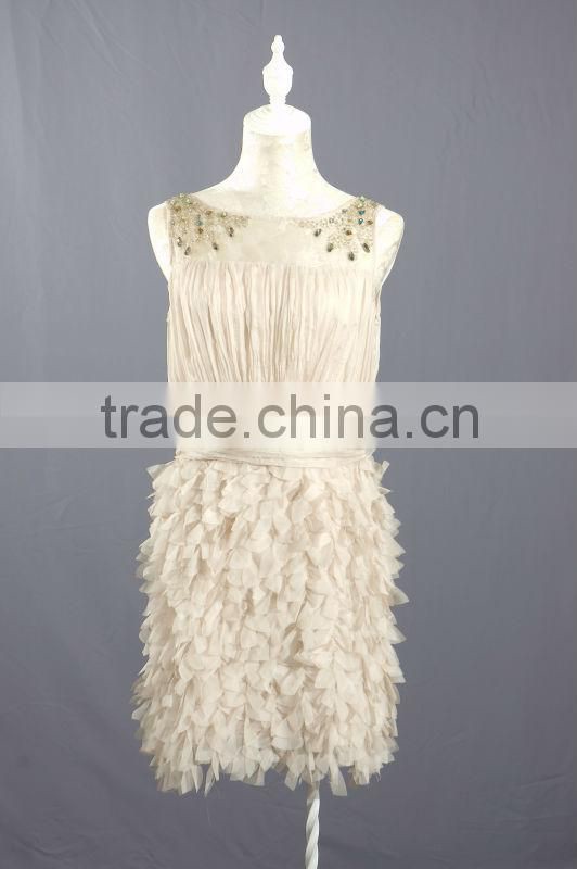 Short Cream Chiffon Dress with Beaded Illusion Neckline and Chiffon Patels on Skirt BM0001