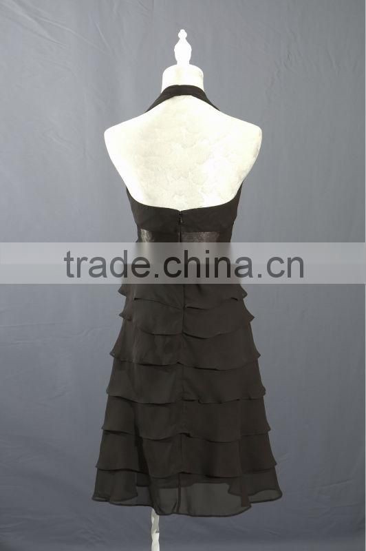 Halter Black Short Chiffon Tiered Dress with Bow on Waist BM0010