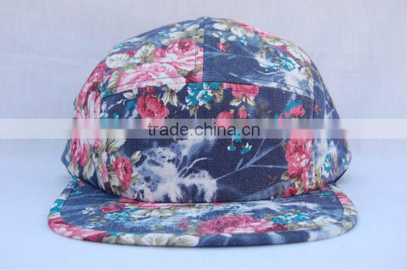Blank denim hawaii style floral print fabric 5 panel cap