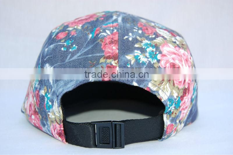 Blank denim hawaii style floral print fabric 5 panel cap