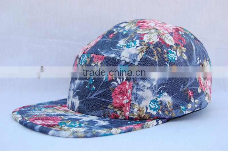 Blank denim hawaii style floral print fabric 5 panel cap