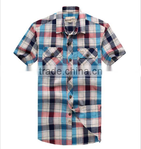 2016 plaid pattern short pockets men business slim shirt