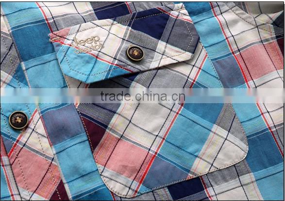 2016 plaid pattern short pockets men business slim shirt