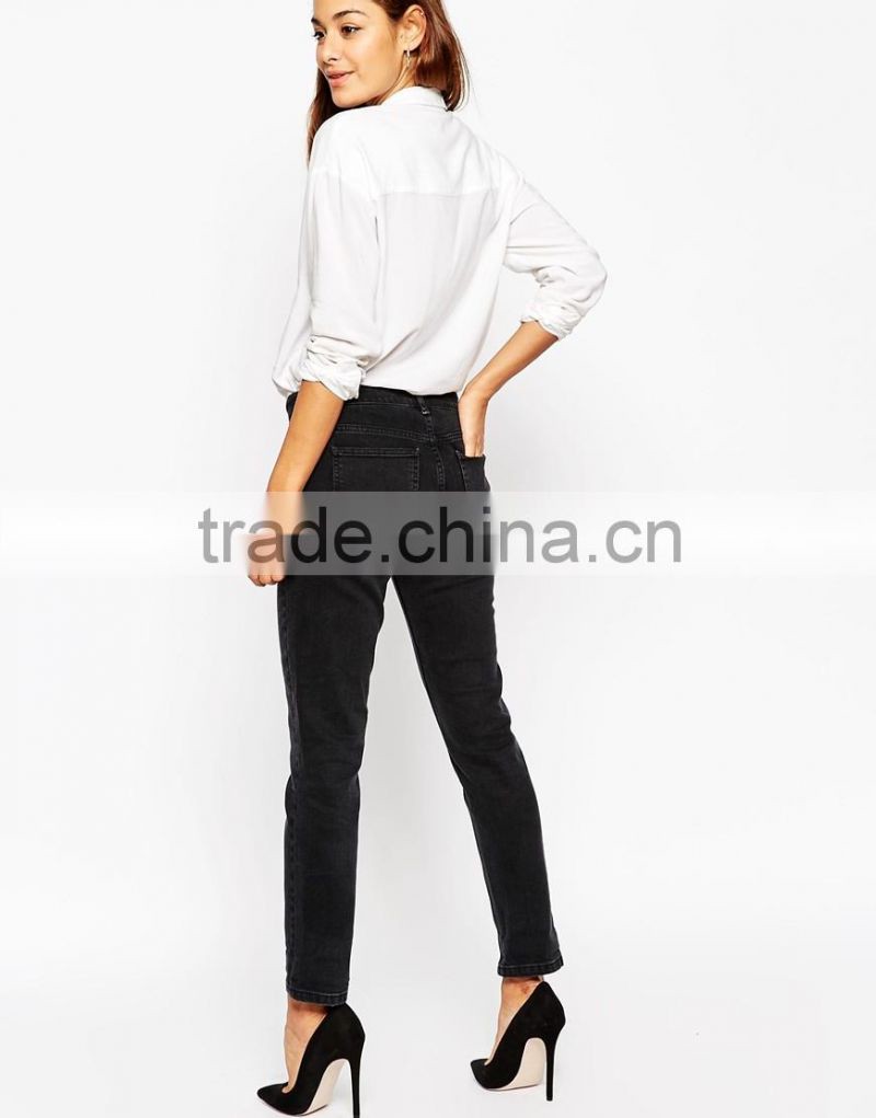 Wholesale Womens Shrunken Boyfriend Jeans in Washed Black with Thigh Rip