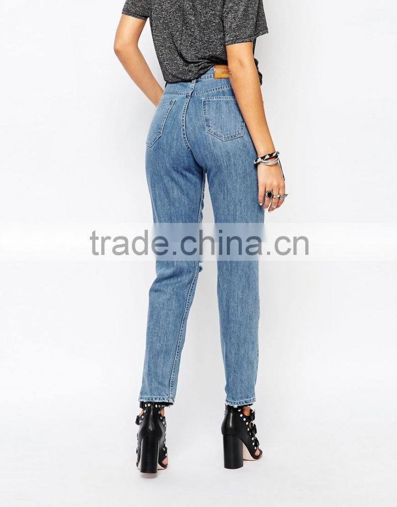 High quality Wholesale Womens Denim Low Rise Oversized Boyfriend Jeans With Roll Hem & Ripped Knees