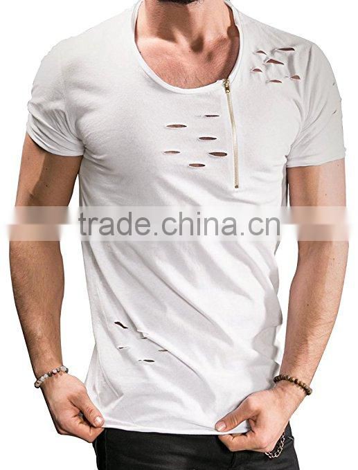 Curved hem blank distressed t shirts mock holes longline tee
