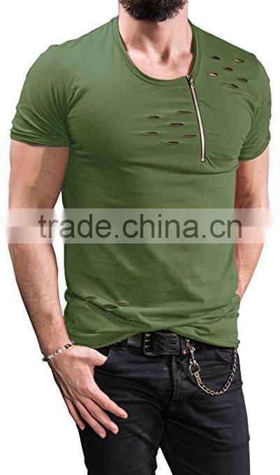 Curved hem blank distressed t shirts mock holes longline tee