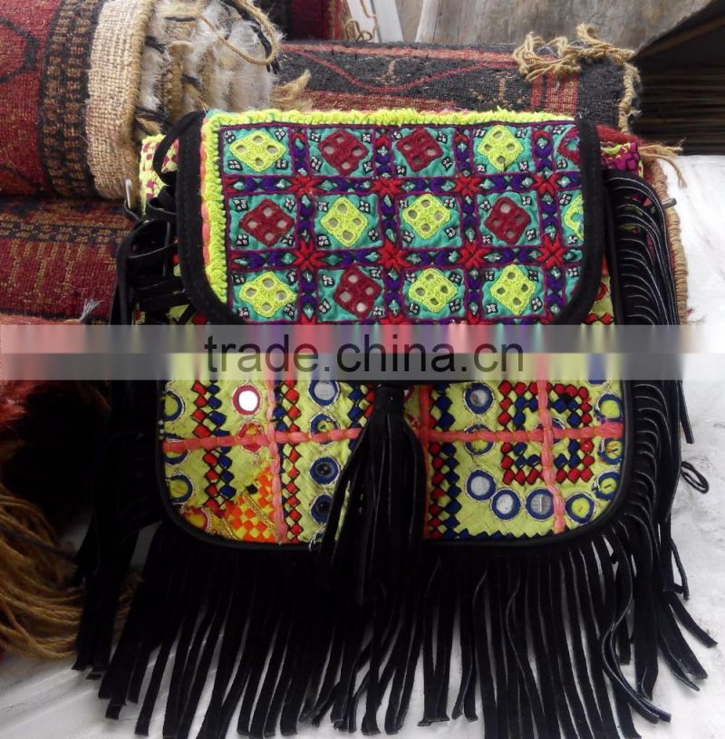 Multicolor banjara suede sling bags with leather fringes