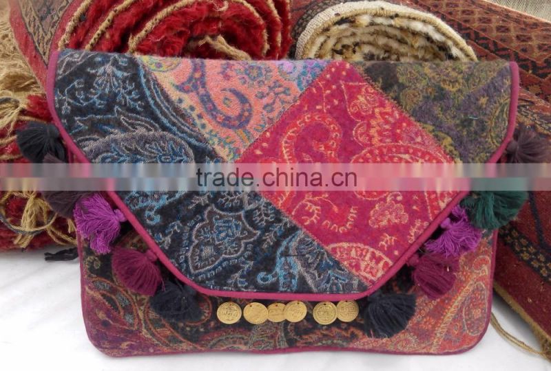 Banjara merino wool clutch with coins tassels