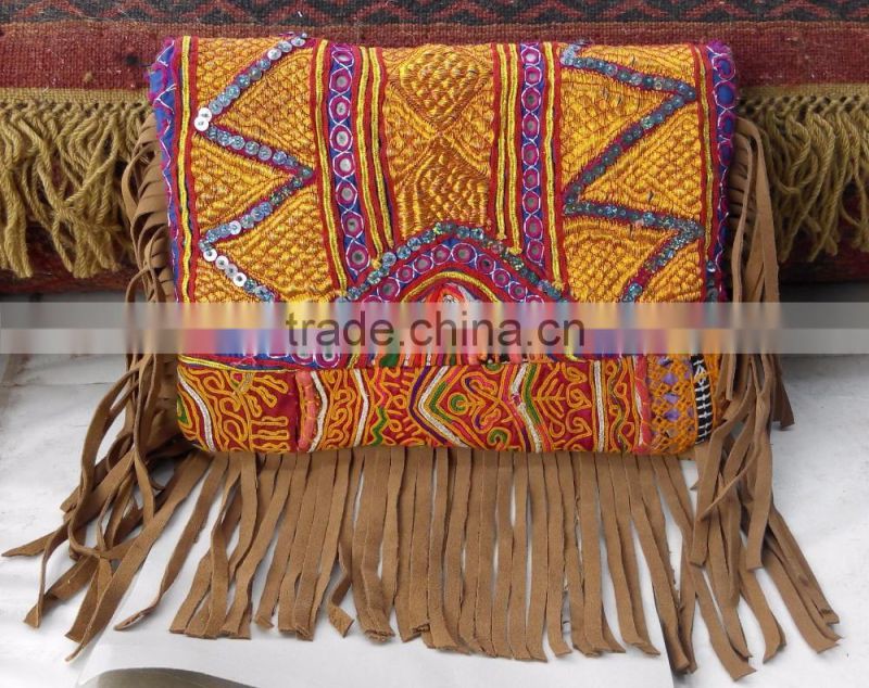 Multicolor banjara sling bag with suede fringes coin bags