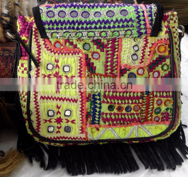 Multicolor banjara suede sling bags with leather fringes