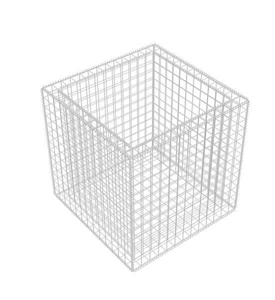 An assembled square shape gabion planter on the ground.